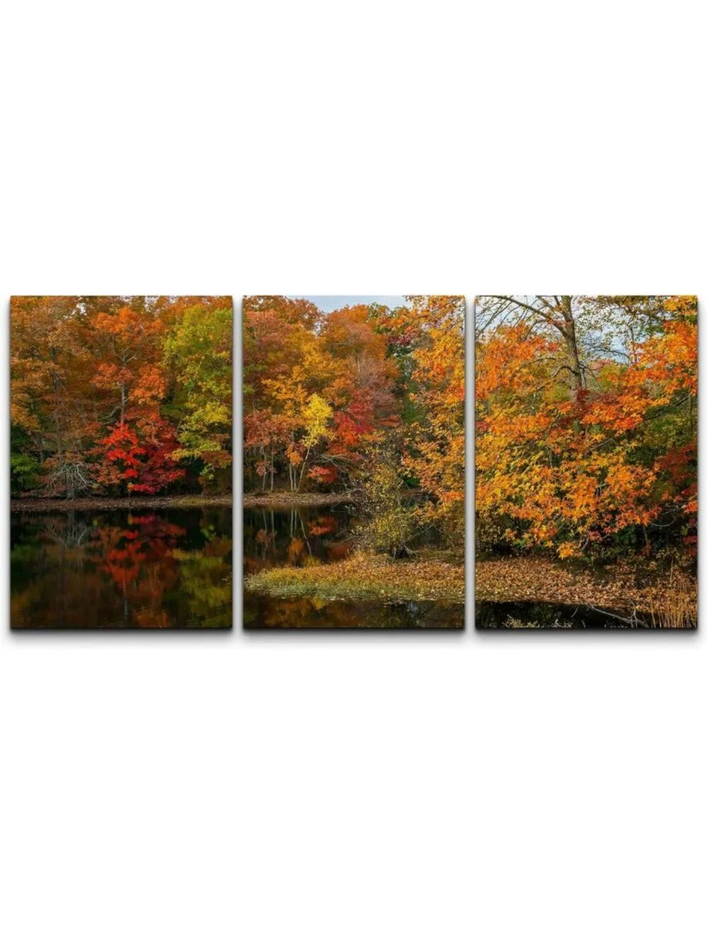 Colorful Autumn Reflections Canvas Art - 3 Piece Framed Wall Decor, Ready to